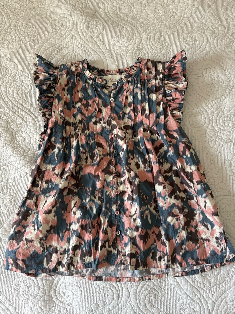 Cleobella Maritza Blouse Pink, Blue and Cream Printed Ruffle-Sleeve Blouse Small
